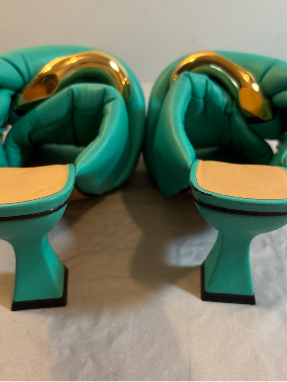 Turquoise Quilted Slide Heels with Gold Accent - Picture 7 of 13